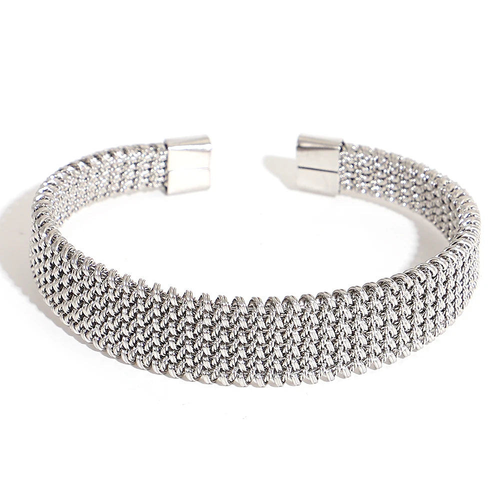 Vintage Y2K Stainless Steel Wide Weave Open Cuff Bangle Bracelet