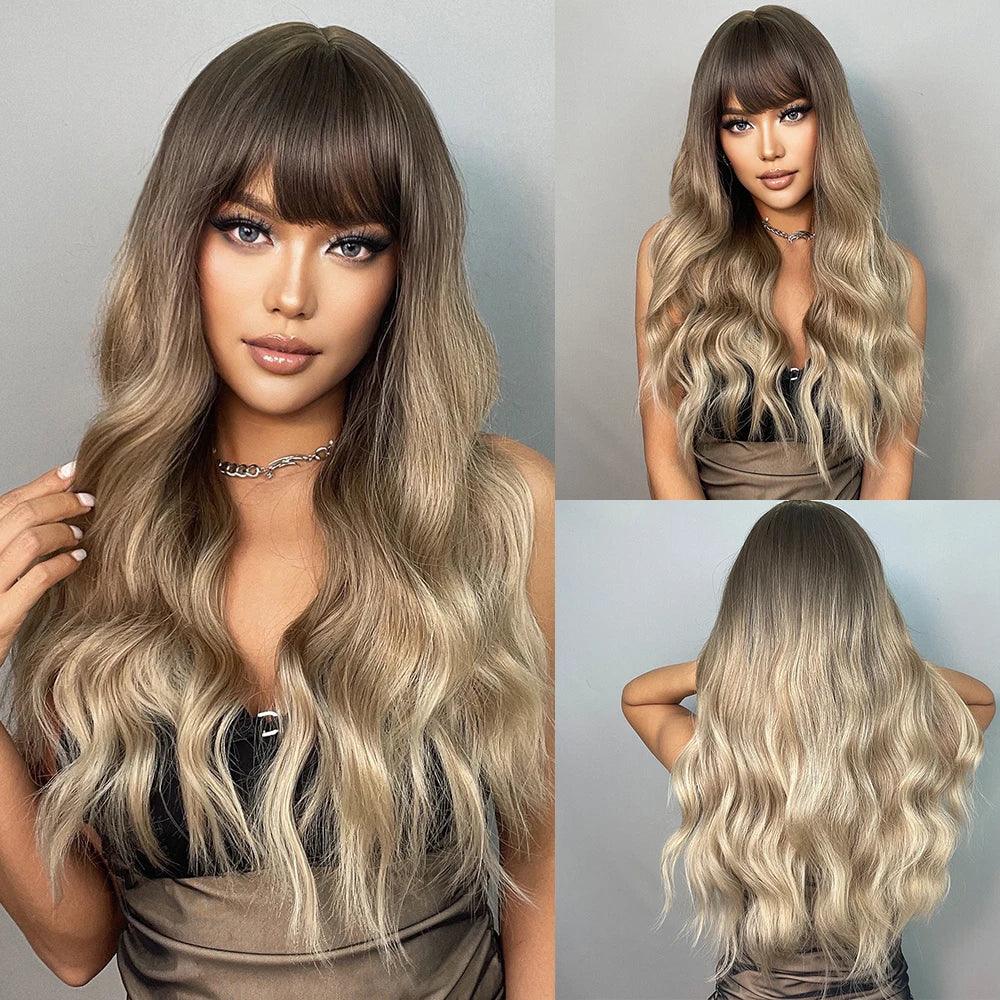 Long Natural Wavy Platinum Blonde Wigs