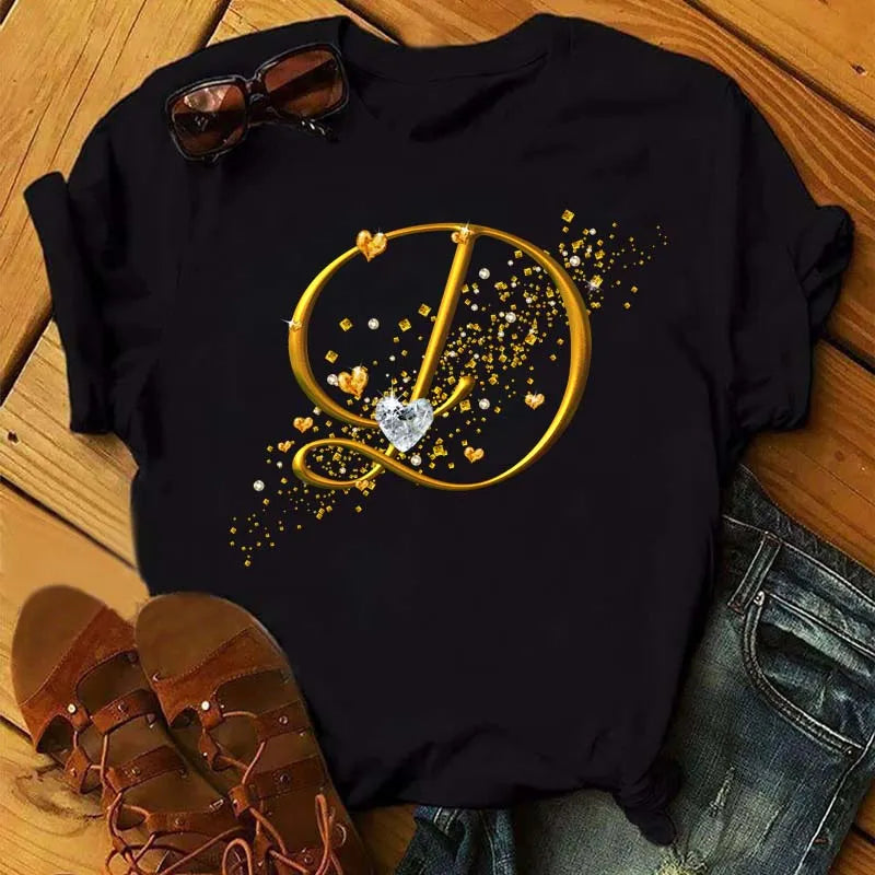 Custom Name Letter Diamond Gold Letter T-shirt