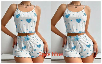 Short Tank Ventilate Soft Casual Love Printing Pyjama Set