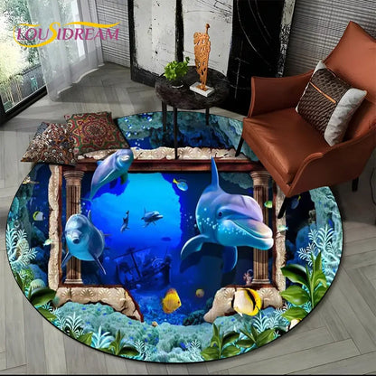 3D Seabed Illusion Underwater World Dolphin Round Area Rug
