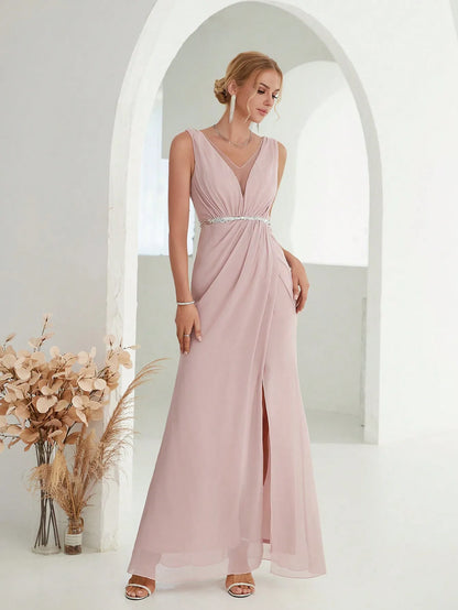 Mgiacy Shoulder silver sequin belt pleated chiffon slit skirt Dress