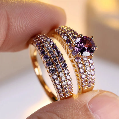 Crystal Purple Black Blue Zircon Round Stone Ring Set