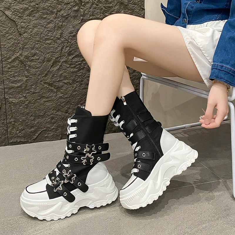 Platform Round Head Belt Buckle Locomotive Thick-soled Boots