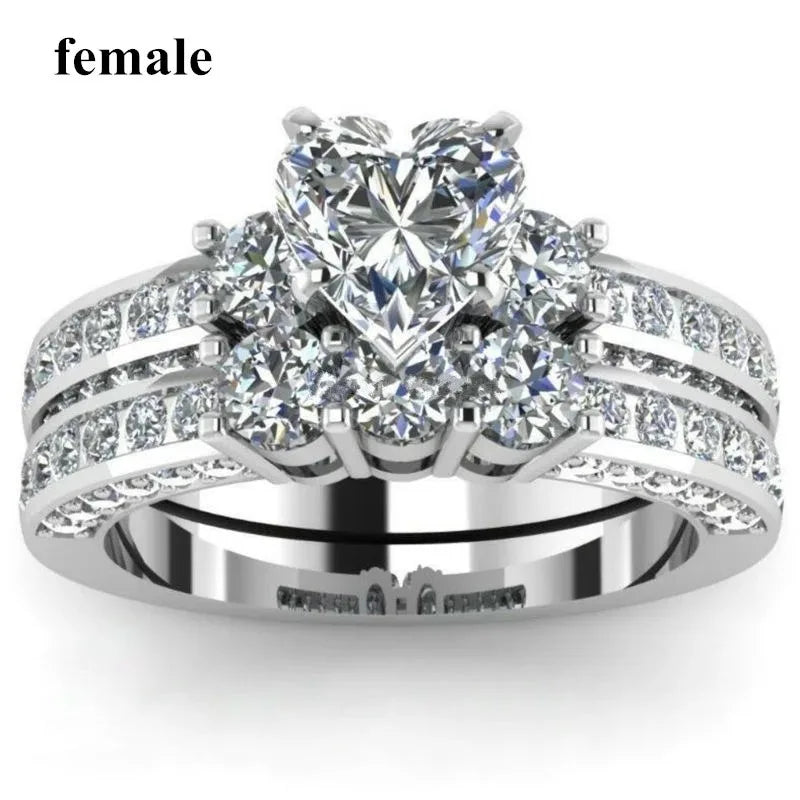 Charm Couple Romantic Heart Rhinestones CZ Rings Set