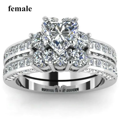 Charm Couple Romantic Heart Rhinestones CZ Rings Set