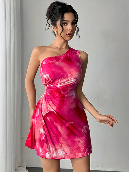 Elegant Ink Print Smudge Cut-out Waist Dress
