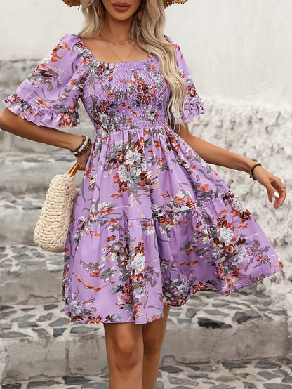 Boho Floral Print Square Neck Smocked Waist Ruffle Mini Dress