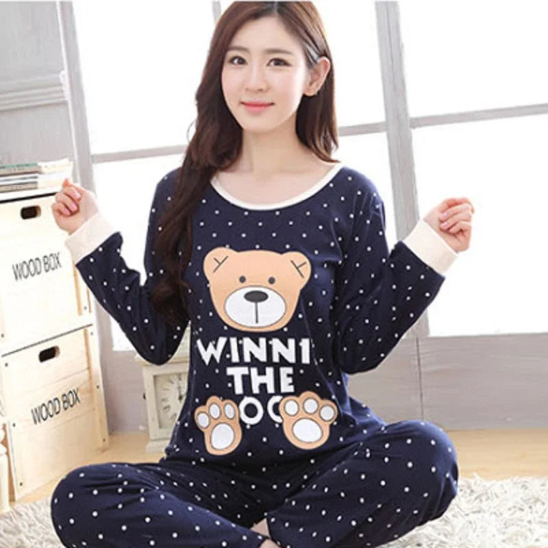 Round Neck Girls Bear Teacup Cat Full Sleepwear lovers Pajama Set