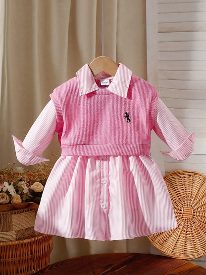 Baby girl embroidered vest and striped long-sleeved shirt dress