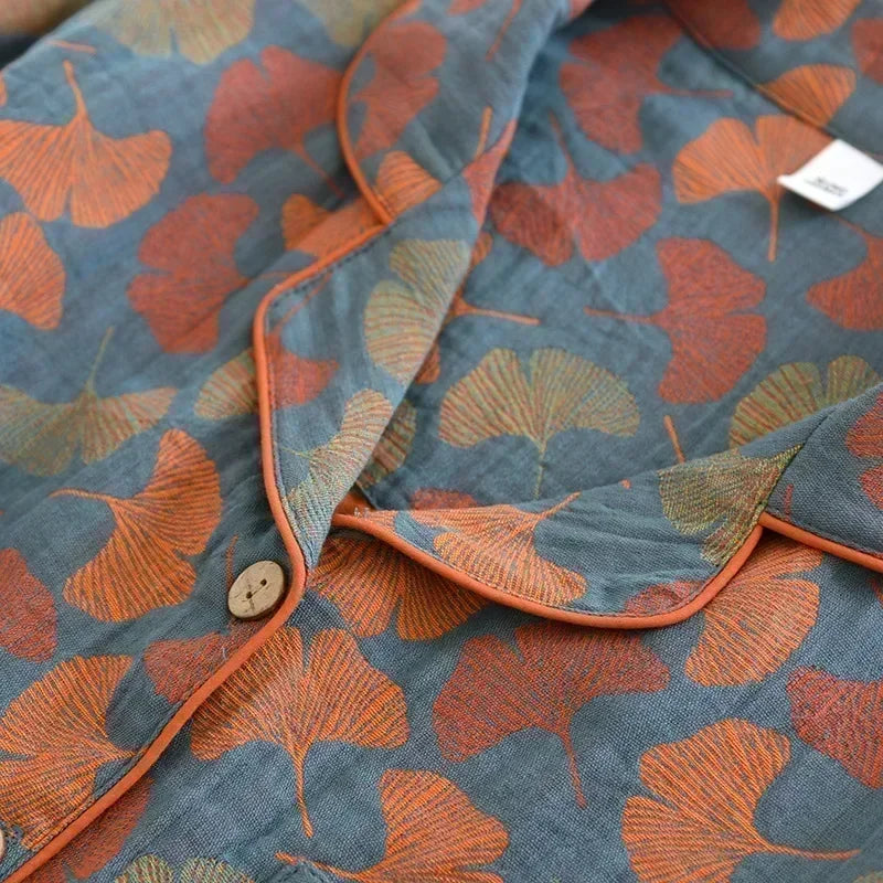 Suit Long-sleeved Trousers 100% Cotton Crepe Flower Leaves Pajama Sets