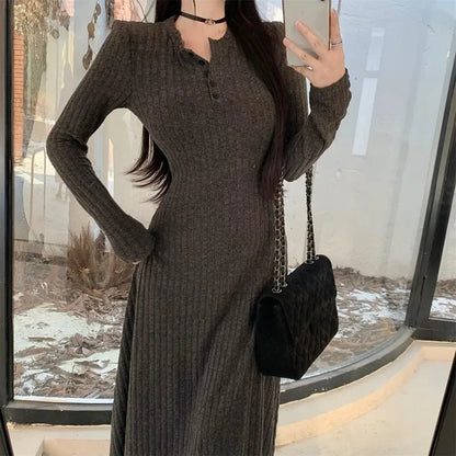 Elegant Slim High Waist Knit Long Sleeve Thick Warm Long Dress