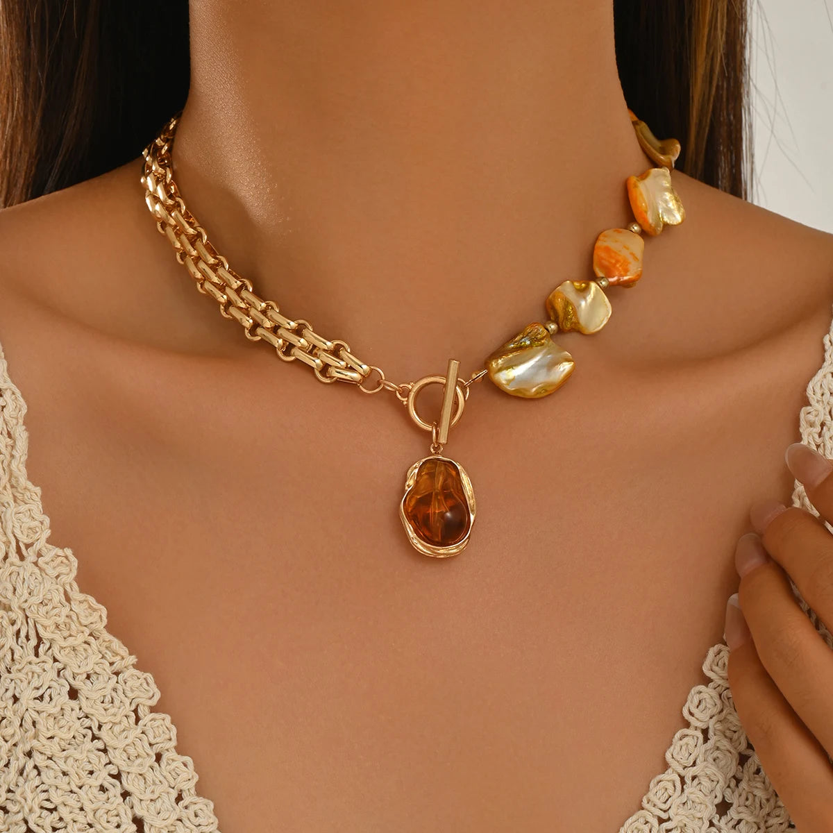 Boho Baroque Pearl Choker Asymmetric Cuban Link Chain Toggle Necklace