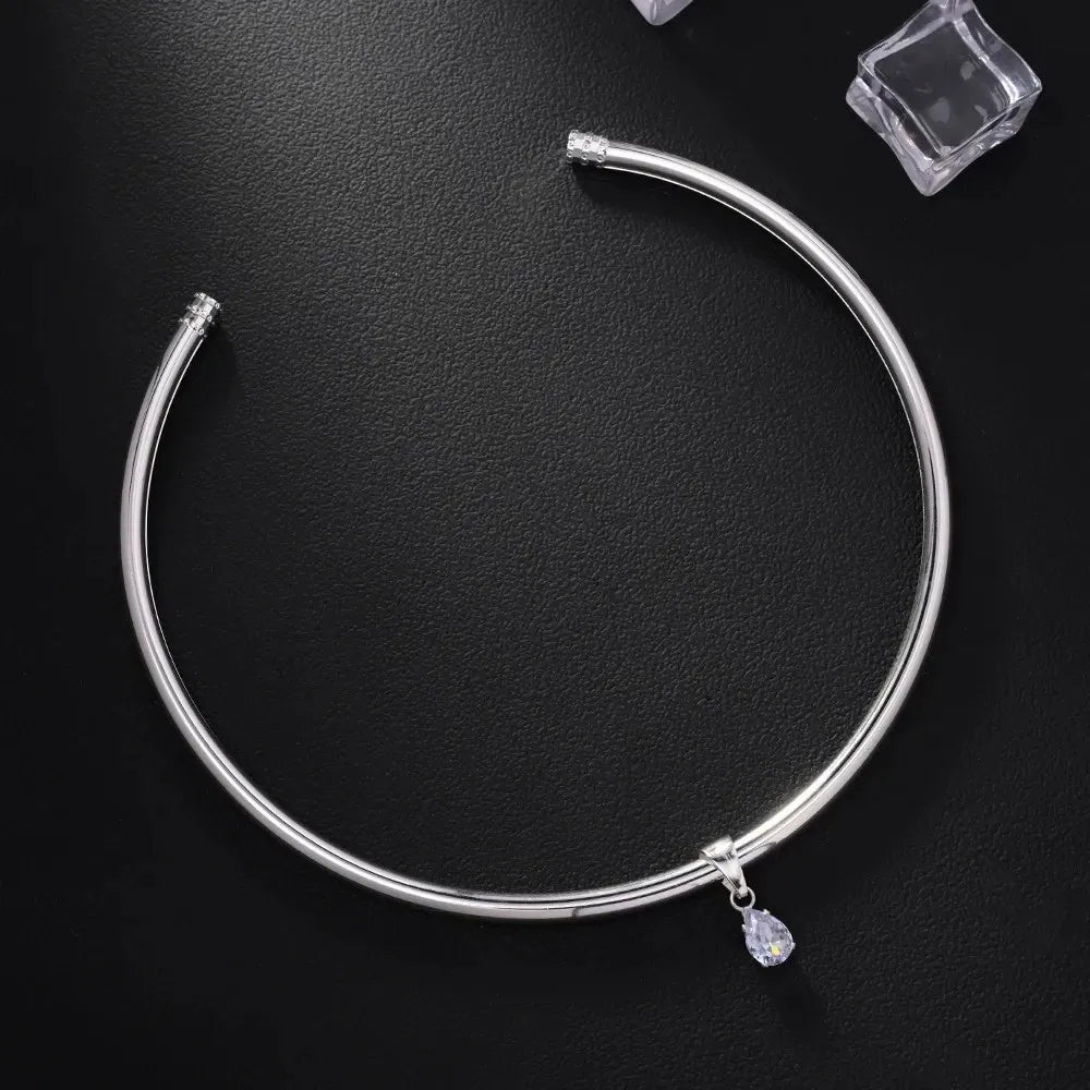 Stainless Steel Water Droplet Zircon Pendant Necklace