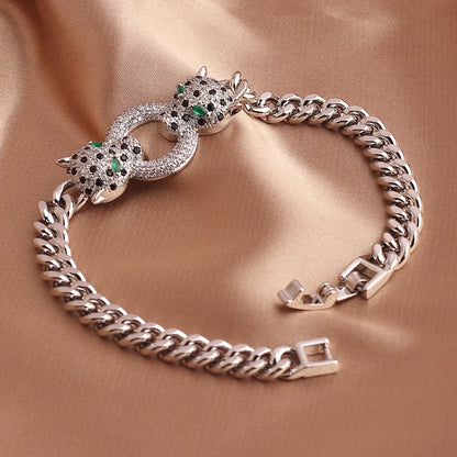 Classic Leopard Green Eye Hip Hop Cuban Chain Black Cubic Zirconia Bracelet
