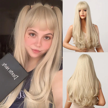 Long Natural Wavy Platinum Blonde Wigs
