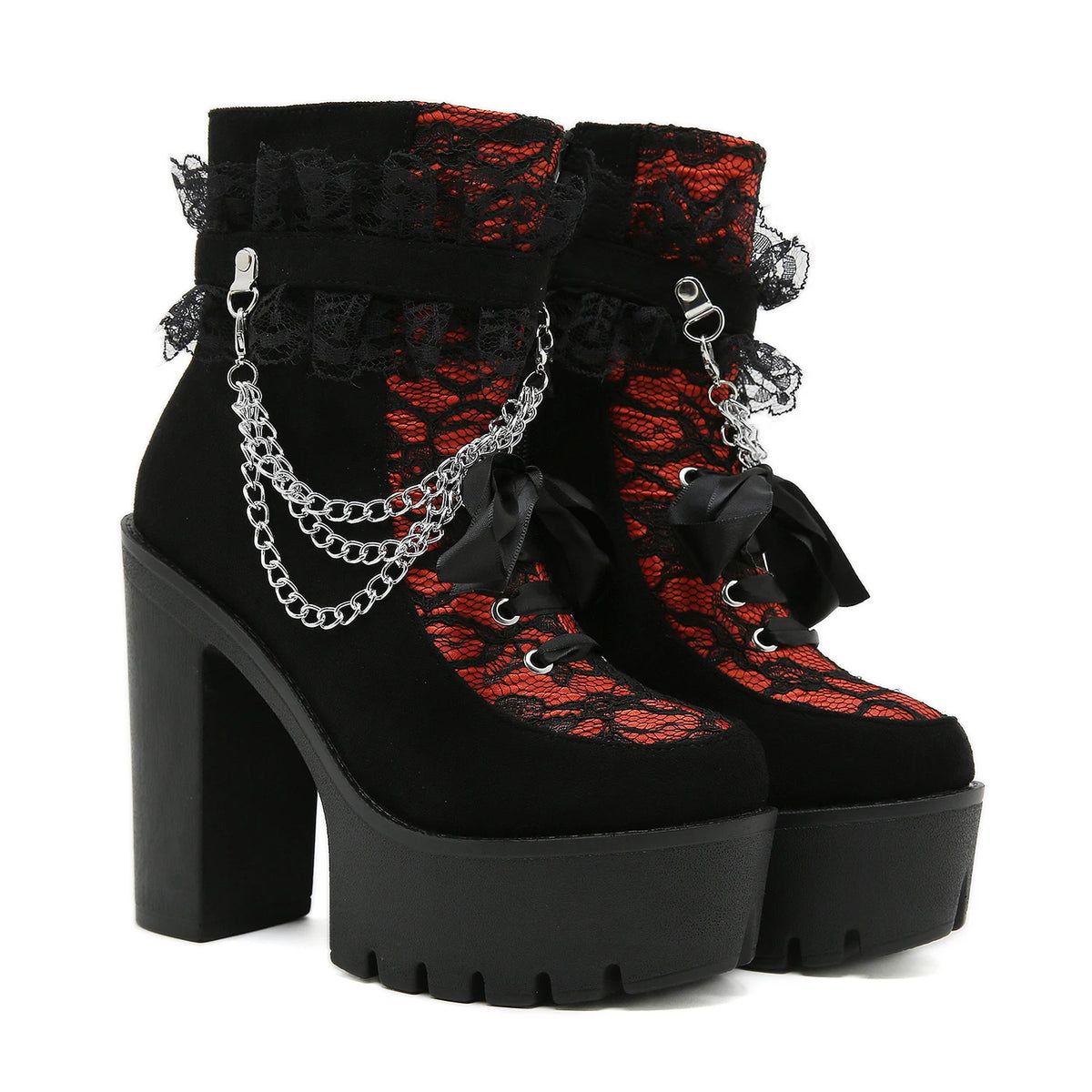 Gothic Lace Ankle Chunky Heel Side Zipper with Chain Platform Goth Boots