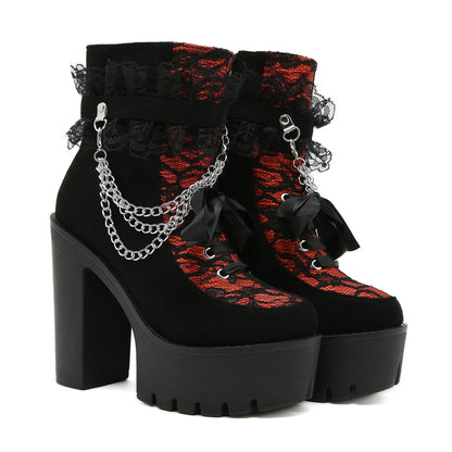 Gothic Lace Ankle Chunky Heel Side Zipper with Chain Platform Goth Boots