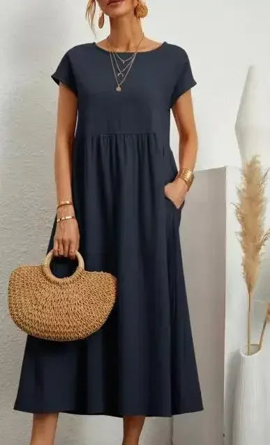 فستان طويل أنيق بأكمام قصيرة من القطن والكتان
