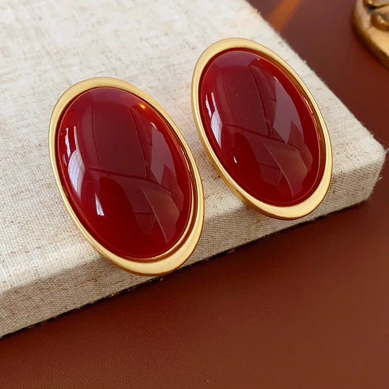 Vintage Red Resin Stud large Geometric Oval earrings