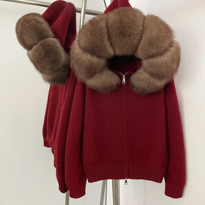 Autumn Winter Casual Hooded Real Fox Fur Collar Short Knitted Jacket