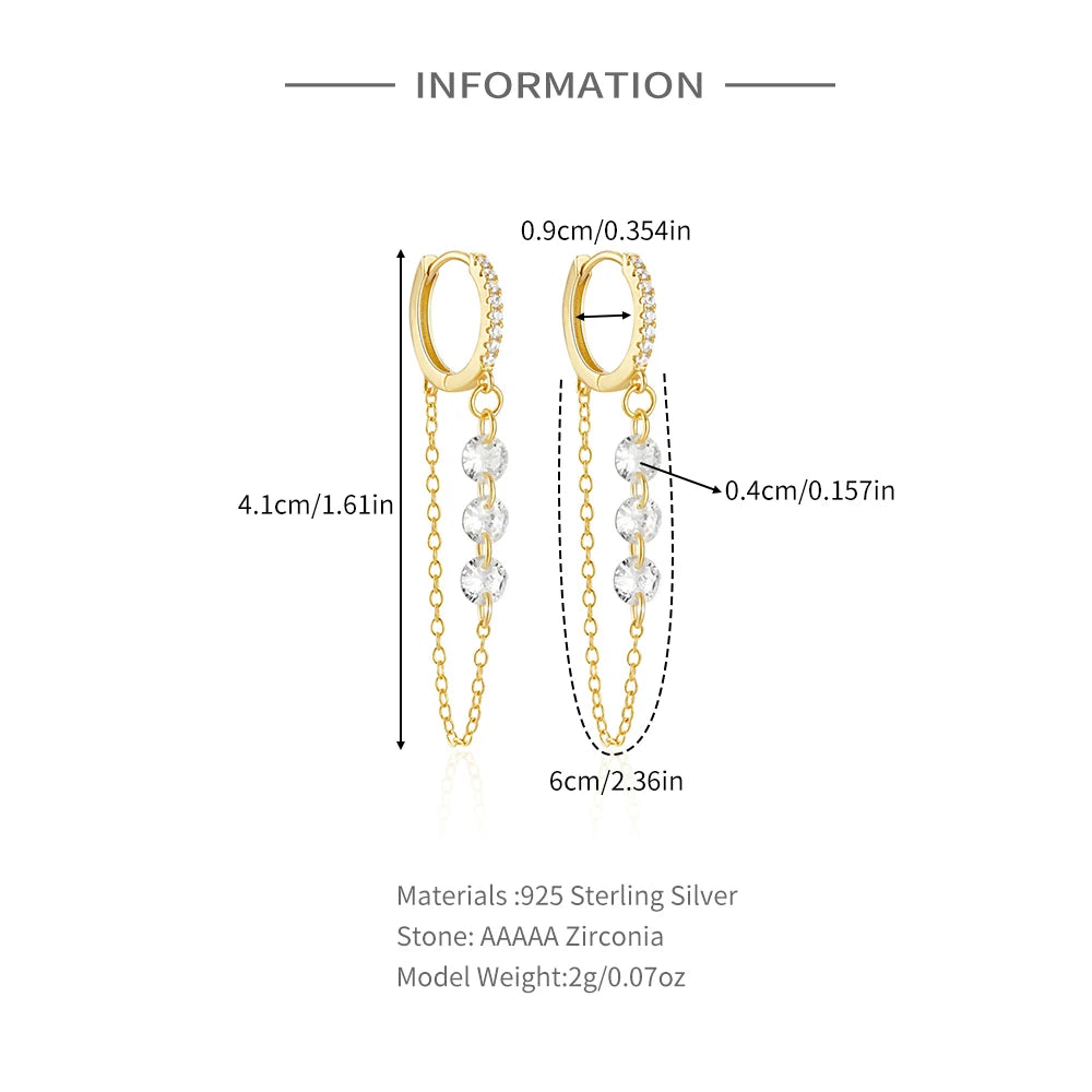 925 Sterling Silver Three Zircon Drop Long Chain Gold Hoop Buckle Piercing Earrings
