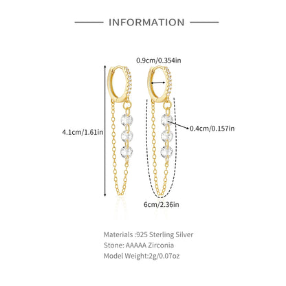 925 Sterling Silver Three Zircon Drop Long Chain Gold Hoop Buckle Piercing Earrings