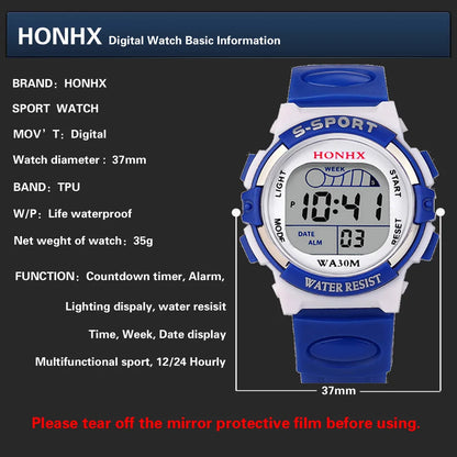 Kids Electronic Sports Color Luminous LED Dial Waterproof Multi Function Watch