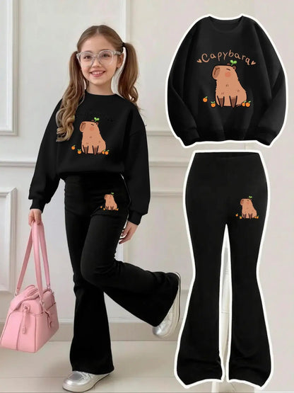 Cute Capybara Sweatshirt and Flared Pants Set for Aged 4-12