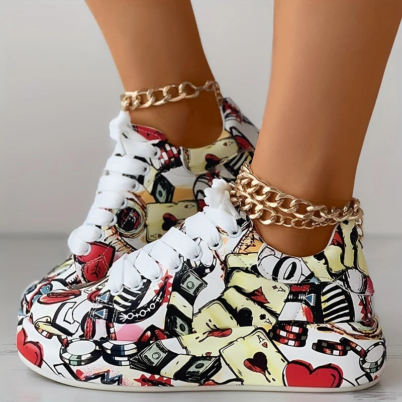 Graffiti Print  Low-top Platform Skateboard Sneakers