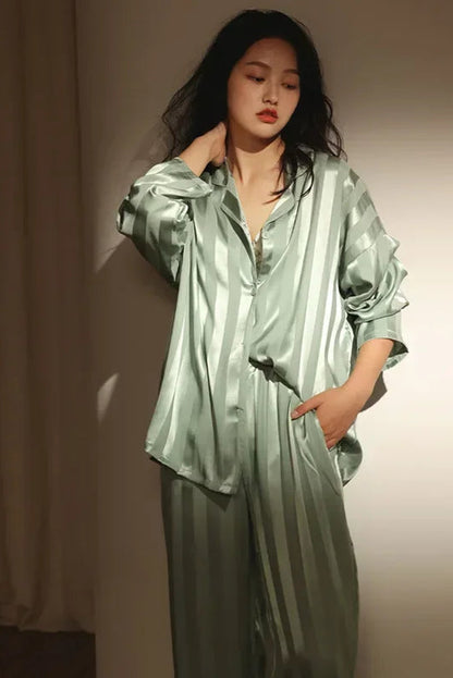 Plus Size Stripes Casual Sweet Loungewear Cardigan Sleepwear Pajama Sets