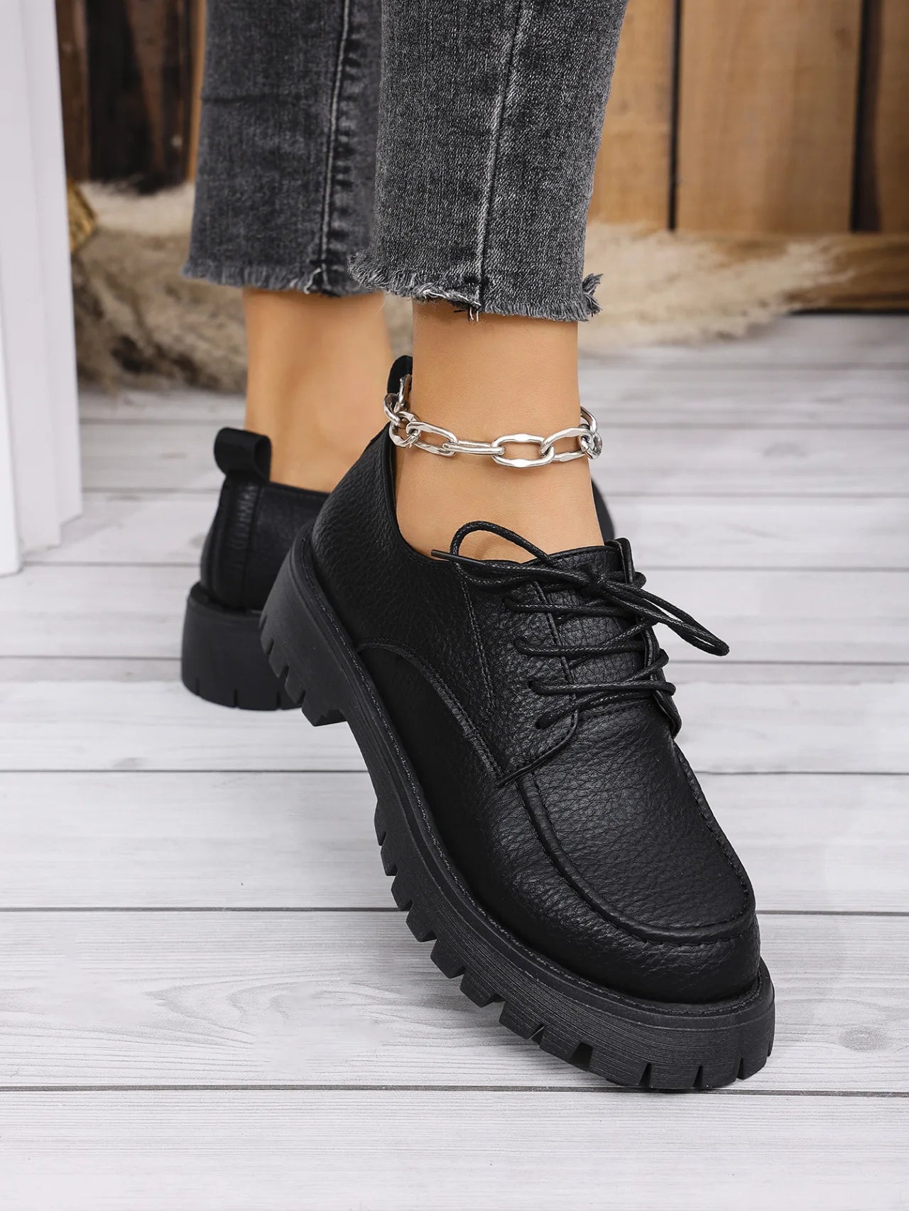 Large Size Thick-soled Loafers Style Chunky Leather Shoes