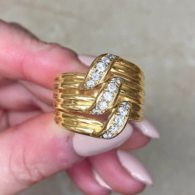 Huitan Gorgeous Gold Wide Band Luxury Cubic Zirconia Rings