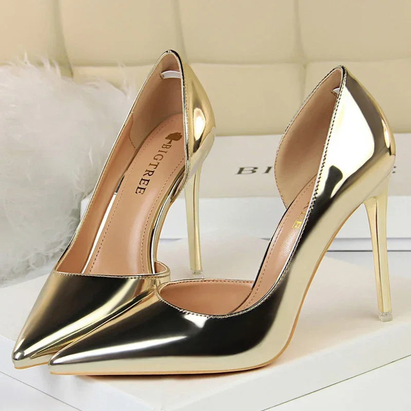 High Heels Pumps Metallic Leather Shoes
