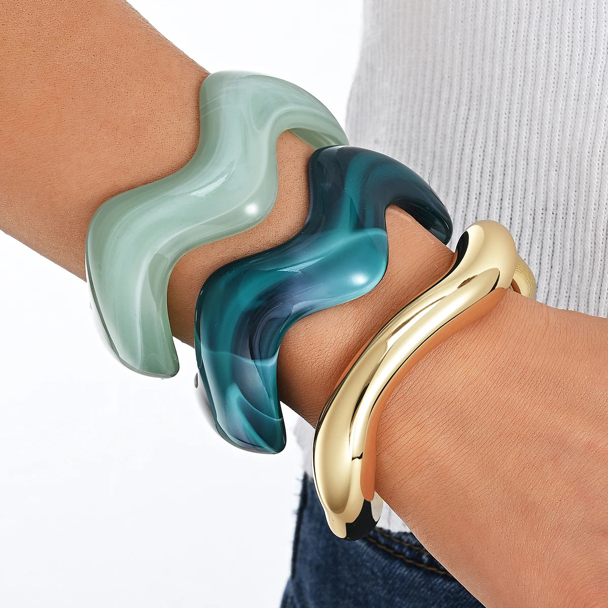 3 Pcs Vintage Minimalist Wavy Cuff Bangle Chunky Stackable Bracelets Set