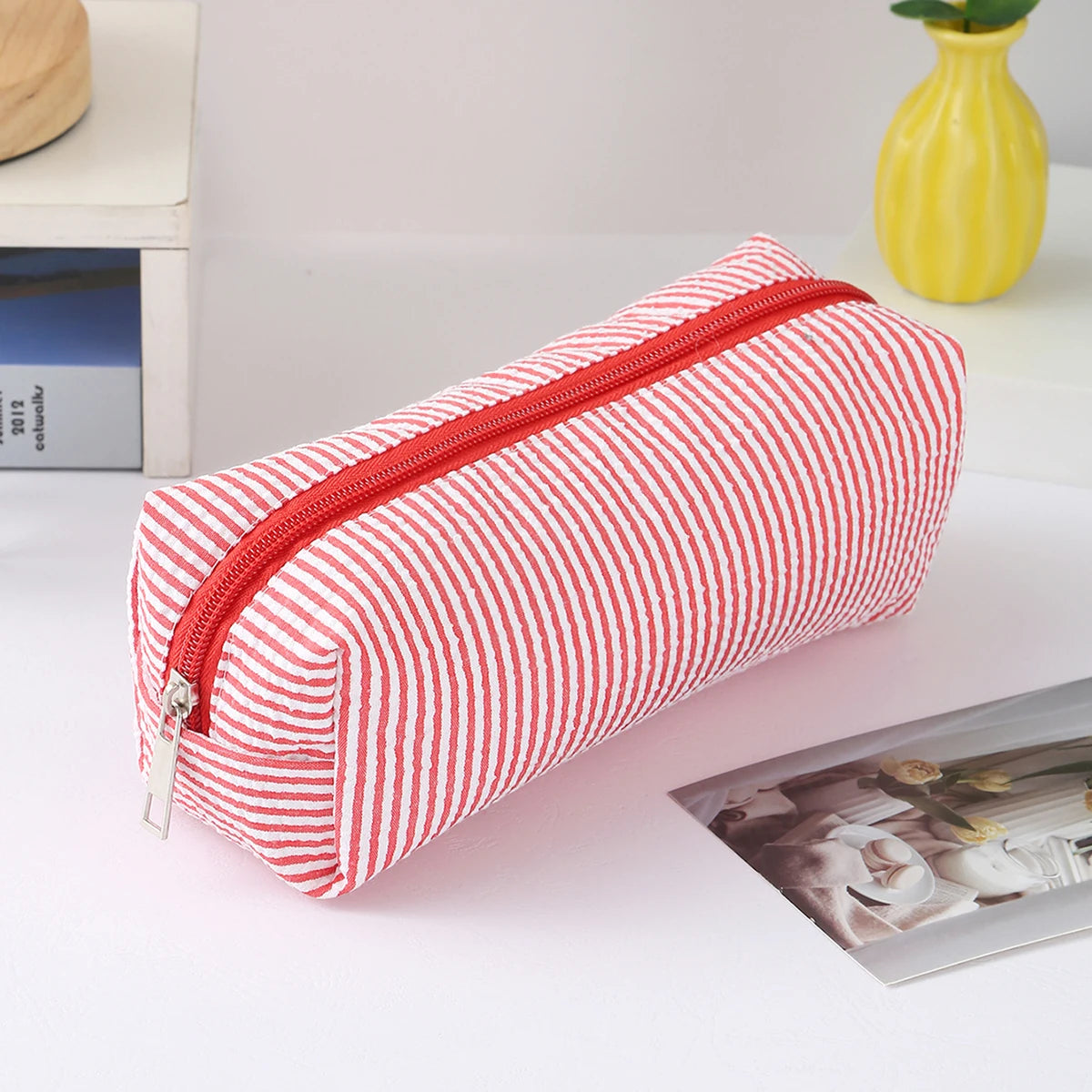 Cute Striped Canvas Pencil Case Small Travel Pouch with Zipper