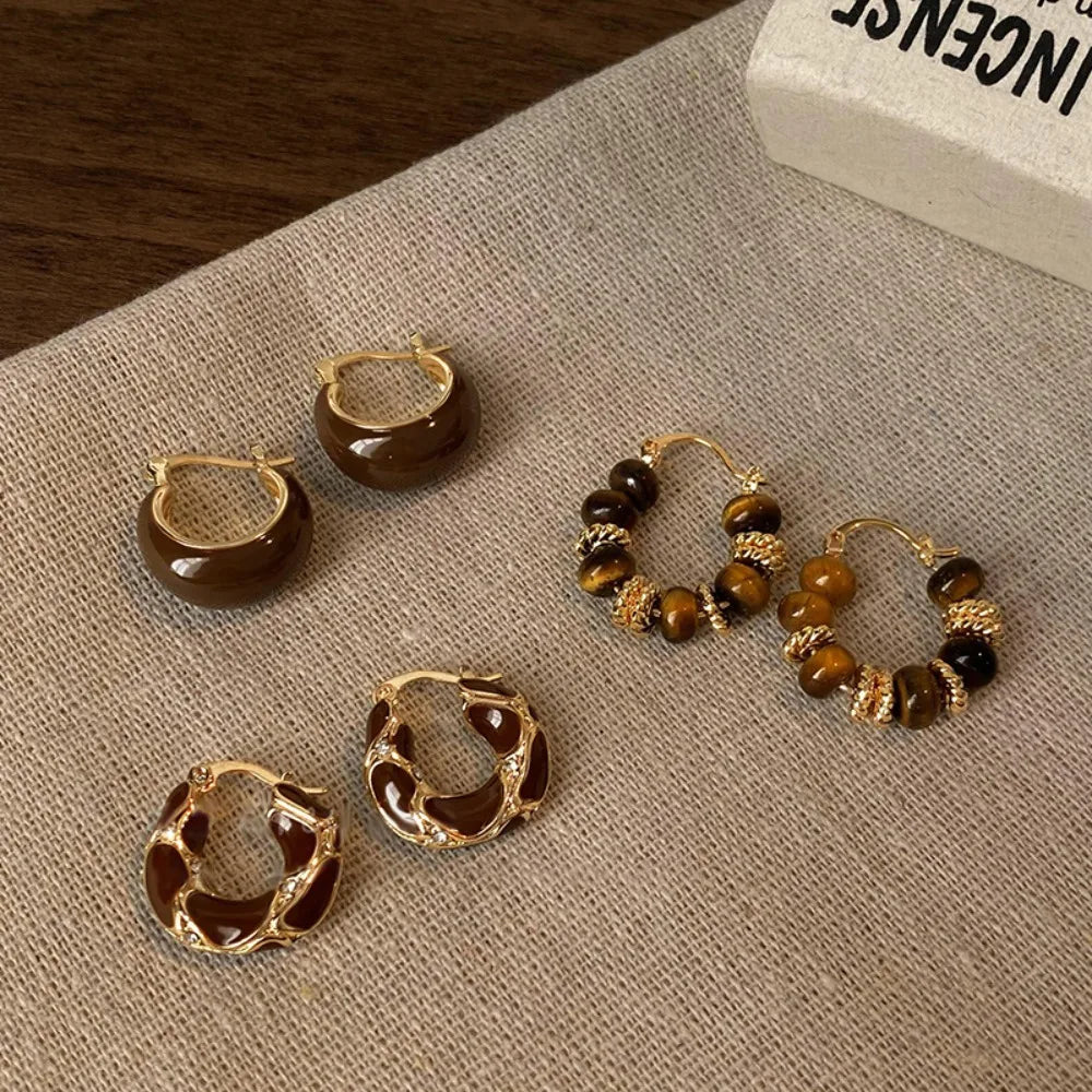 Brown Enamel Zircon Hoop Earrings