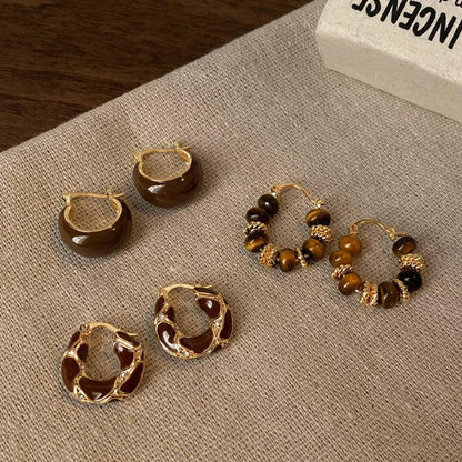 Brown Enamel Zircon Hoop Earrings