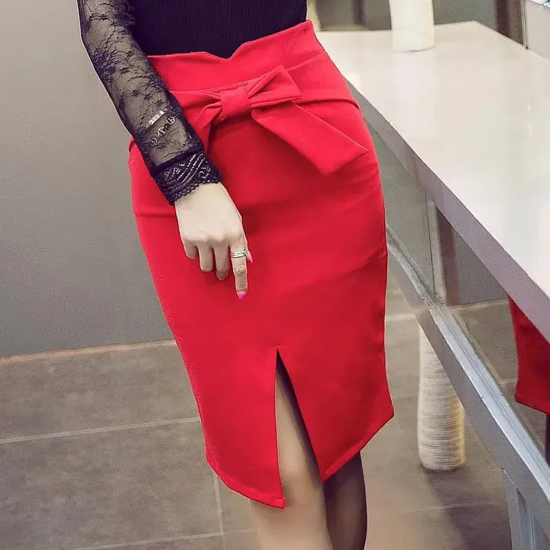 Knee Length High Waist Elegant Slit Bow Skirt