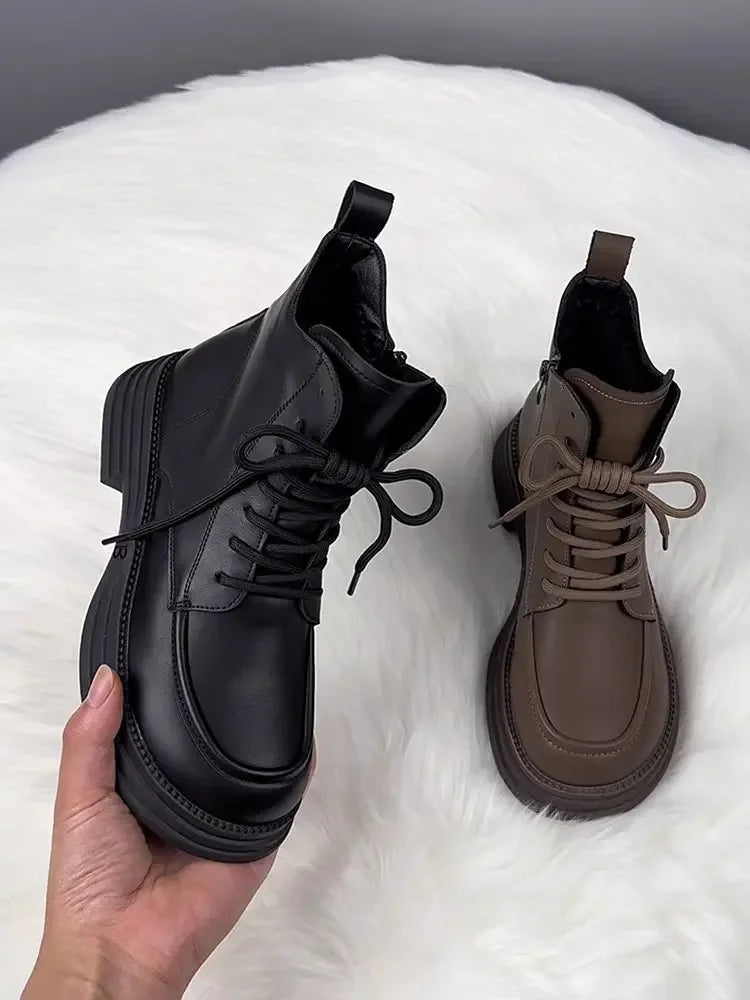 Plush Platform Warm Short Flat Bottom Lace Up Ankle Boots