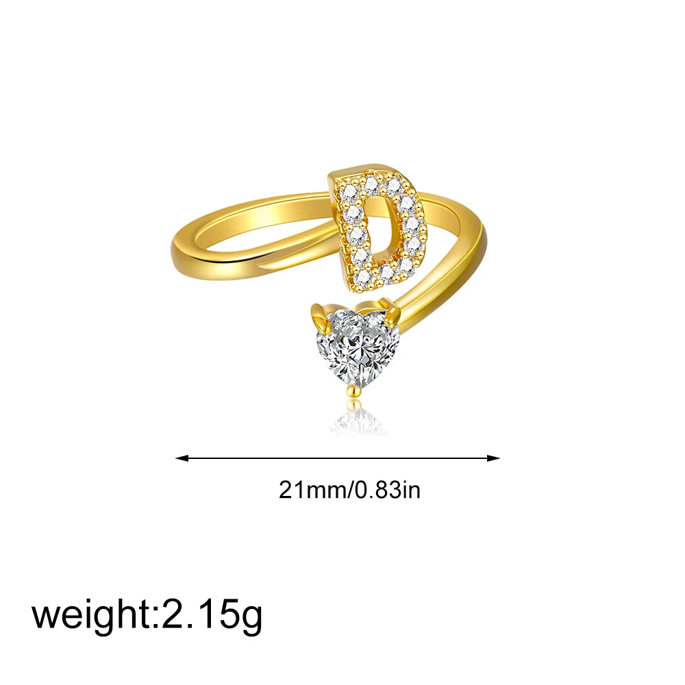 Gold Letter Open Heart Shape Cubic Zirconia  A-Z 26 Letter  Lnitials Rings