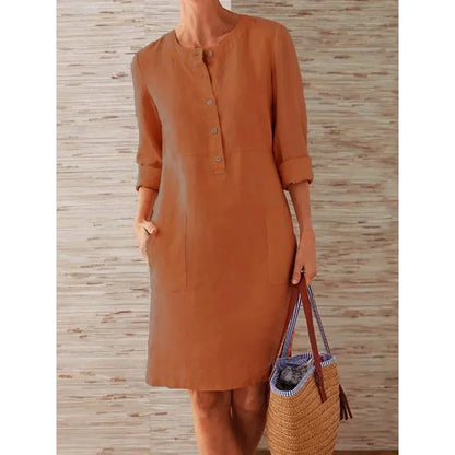Casual Long Sleeve Cotton And Linen Tunic Dress