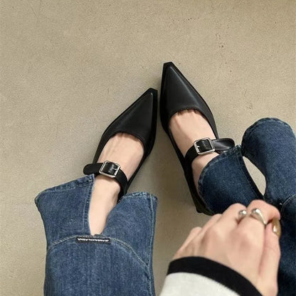 Mary Jane Belt Buckle Medium Heel Small Leather Shoes