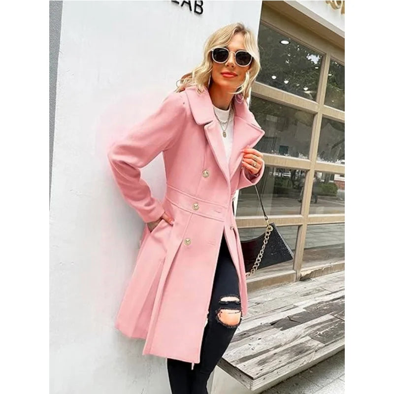 Winter Woolen Trench Coat Skirt Double Breasted Flip Lapel Jacket