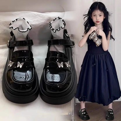 Leather Soft PU Bright Skin Flats with Metal Butterfly Princess Shoes