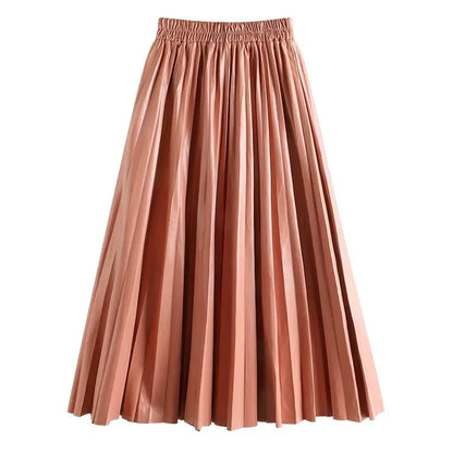 Leather Pleated High Waist long Skirt