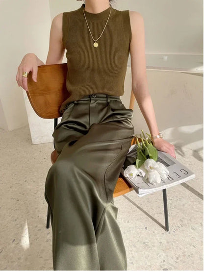 High Waist Wide Leg Fit Classic Black Silk Satin Korean Style Pants