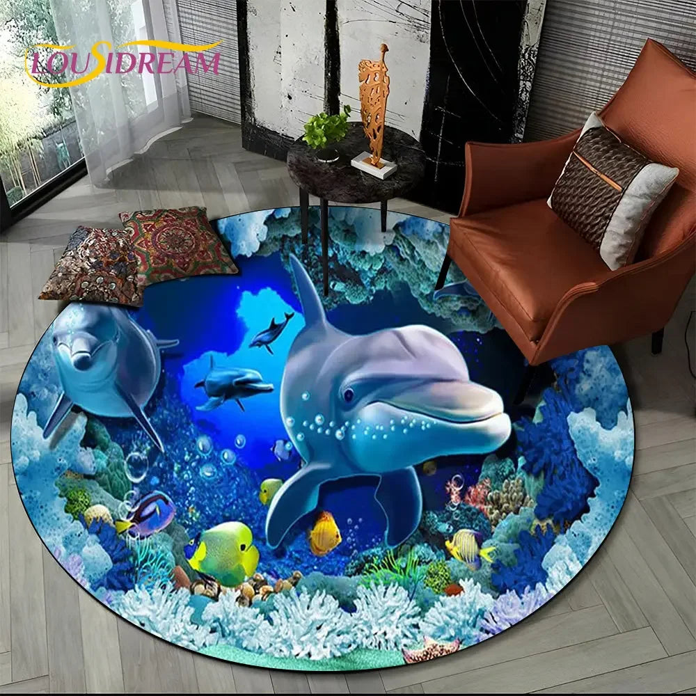 3D Seabed Illusion Underwater World Dolphin Round Area Rug