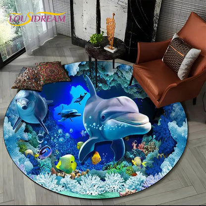 3D Seabed Illusion Underwater World Dolphin Round Area Rug