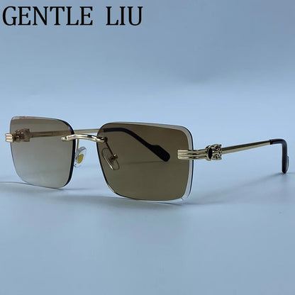 Rectangle Rimless Punk Luxury Metal Frame Sun Glasses